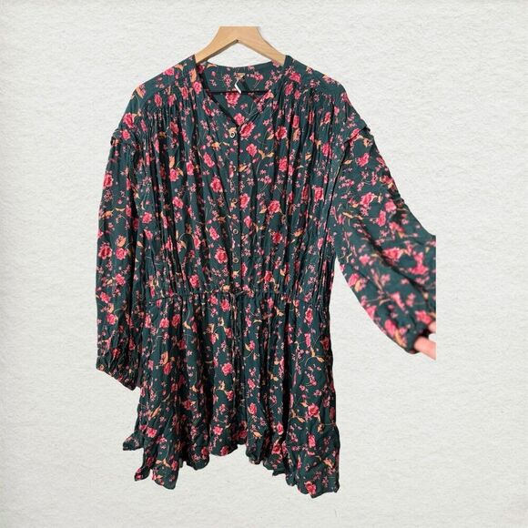 Free People Boho Floral Dress M Green Pink Long Sleeve Button Peasant Tunic - Picture 1 of 10
